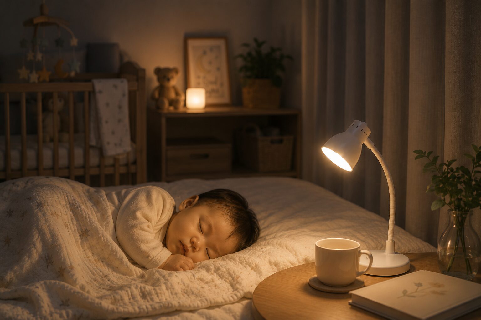 やさしい灯りの中で安心して眠る赤ちゃんの寝室イメージ