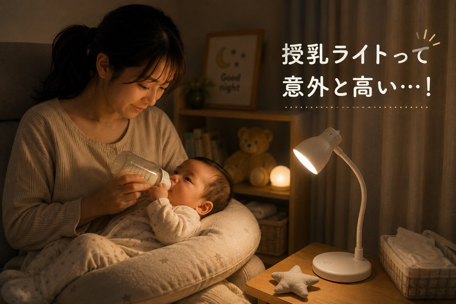 夜中に赤ちゃんへミルクをあげる穏やかな育児時間のイメージ