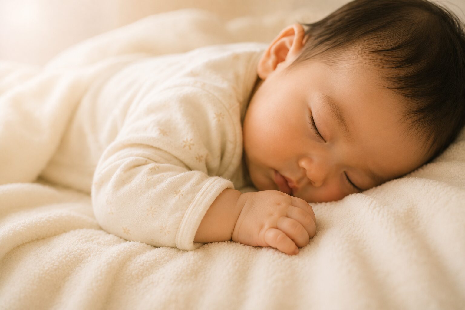 安心して眠る赤ちゃんの小さな手を映したやさしい育児イメージ