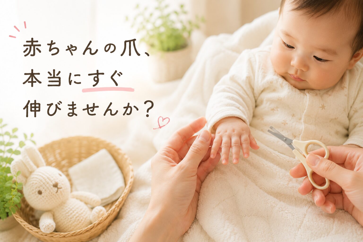 赤ちゃんの小さな爪をやさしくお手入れする育児シーン