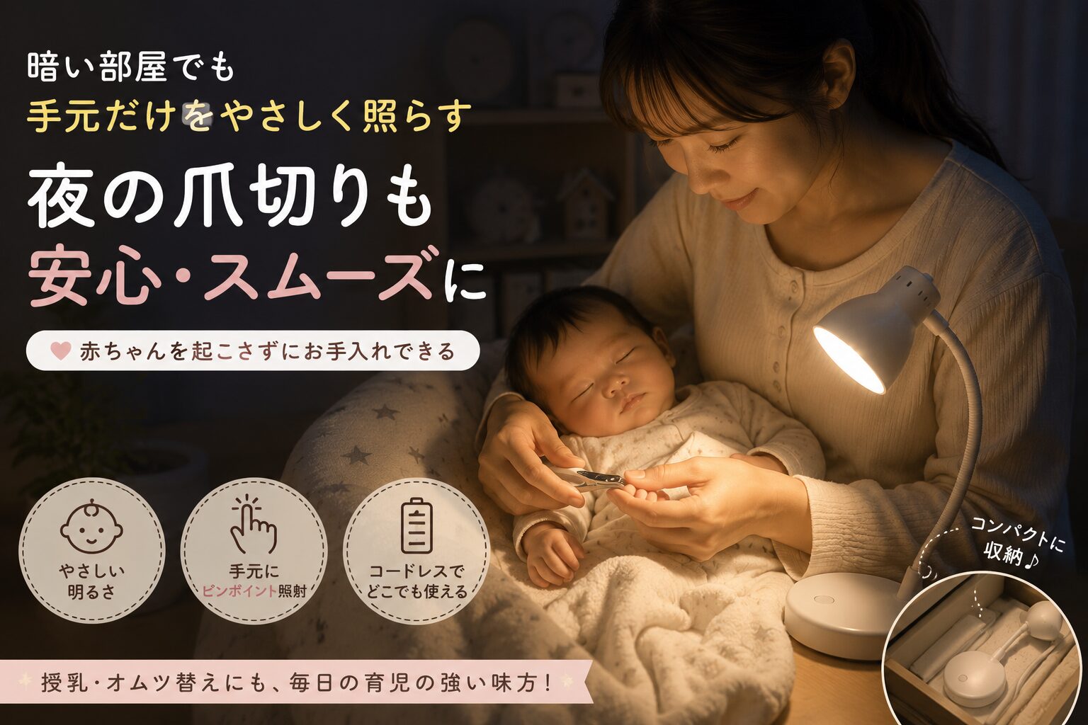 やさしい灯りで赤ちゃんの爪切りをする夜のお世話イメージ