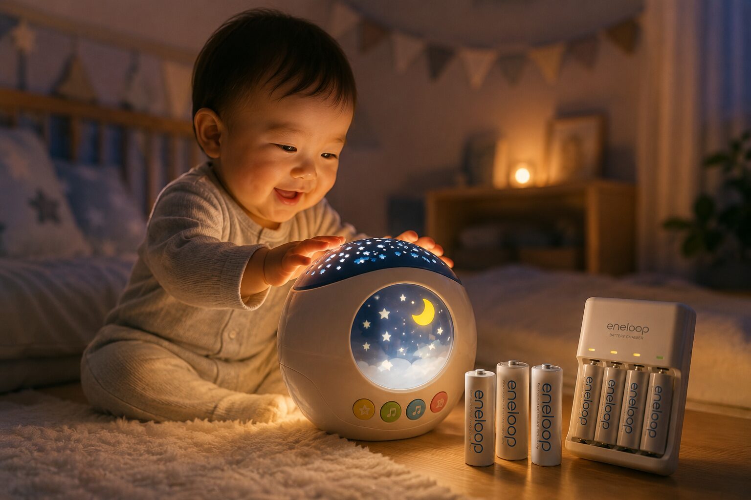 夜のおもちゃ時間を楽しむ赤ちゃんと充電池のある育児空間
