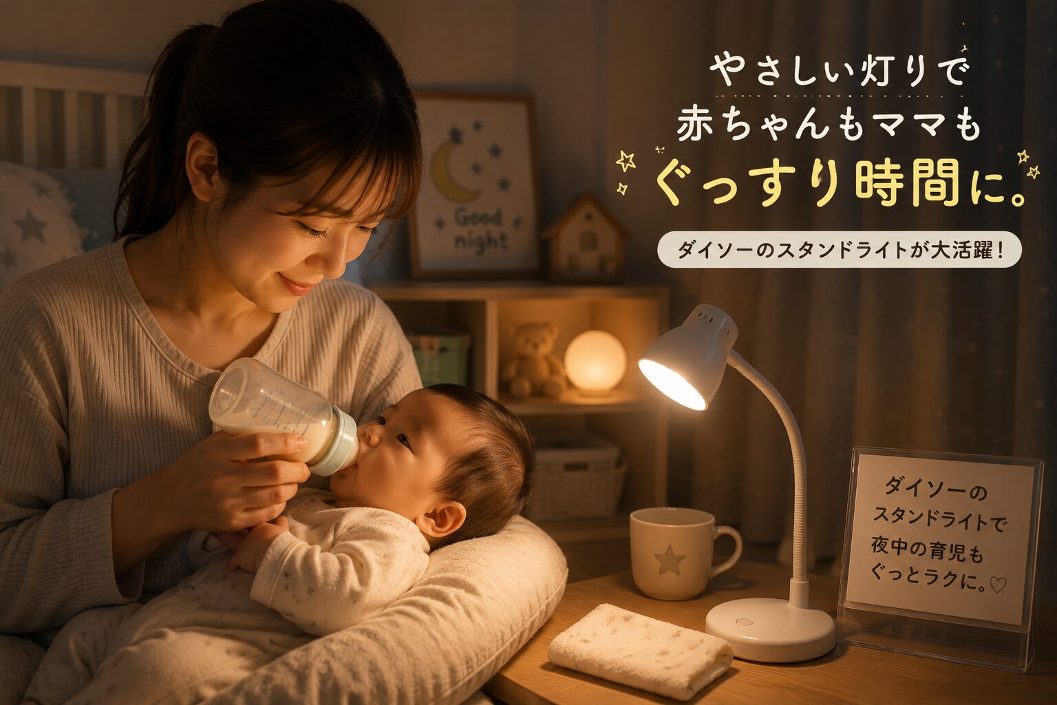 夜のミルク時間をやさしく照らすスタンドライトのある育児空間
